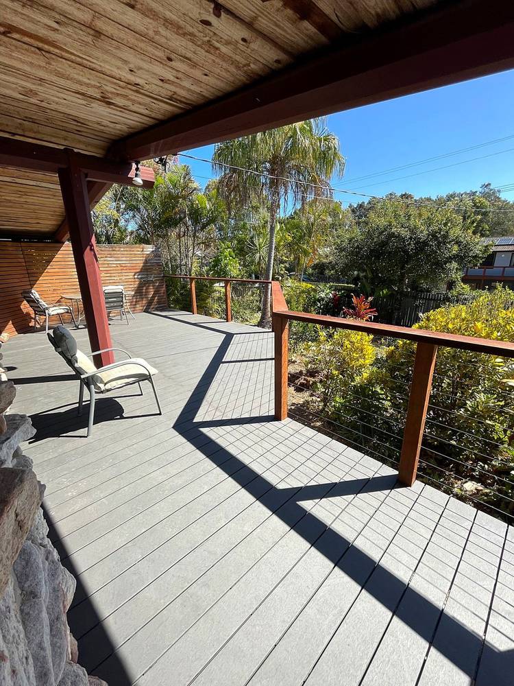 Ekodeck composite deck with merbau posts and stainless wire in Sandy Beach