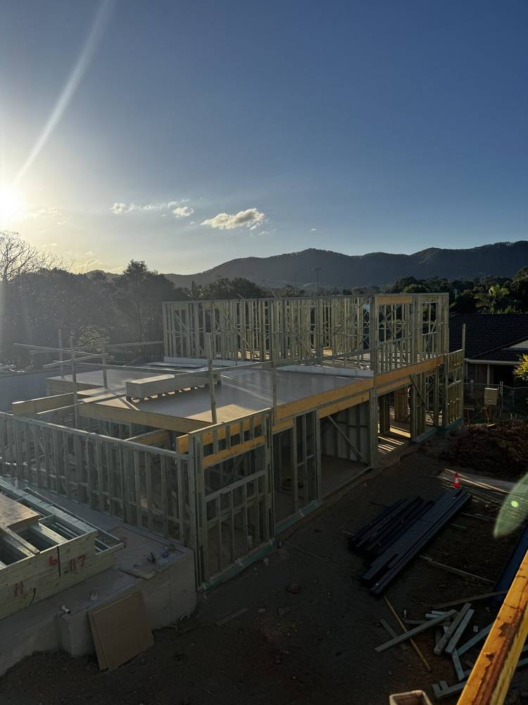 Floor and wall frames standing on a new build