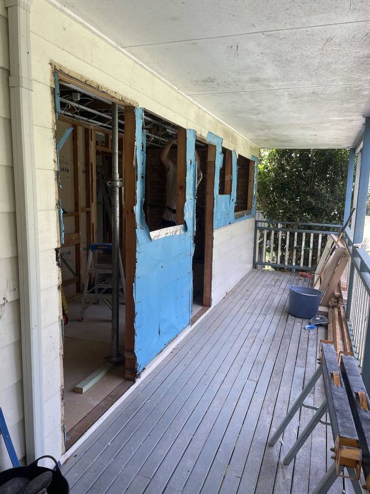 Verandah wall stripped back to the frame during a repair
